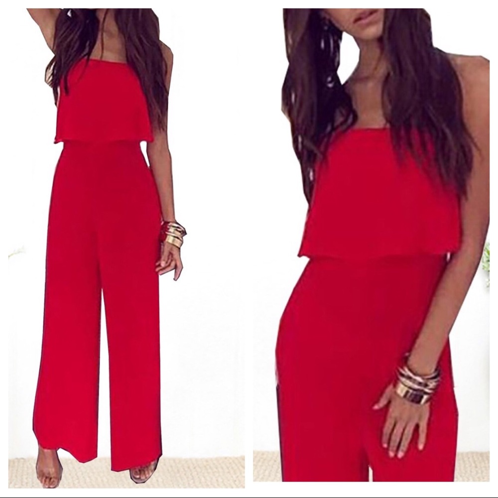 RED STRAPLESS WIDE LEG ROMPER JUMPSUIT